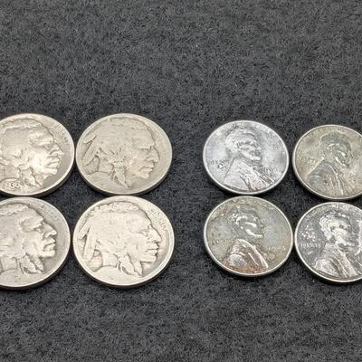 4 Buffalo Nickels & 4 Steel Pennies 
