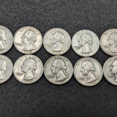 Ten Silver Washington Quarters 