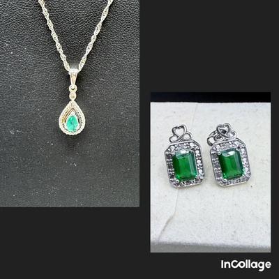 14k White Gold And Emerald Necklace And Sterling Earrings 