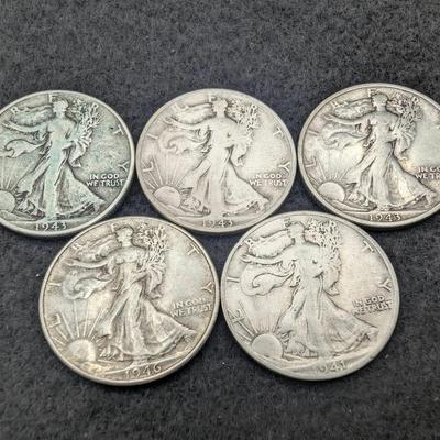 5 Walking Liberty Half Dollars