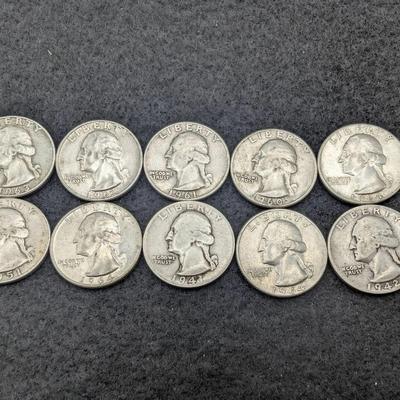 10 Silver Washington Quarters 