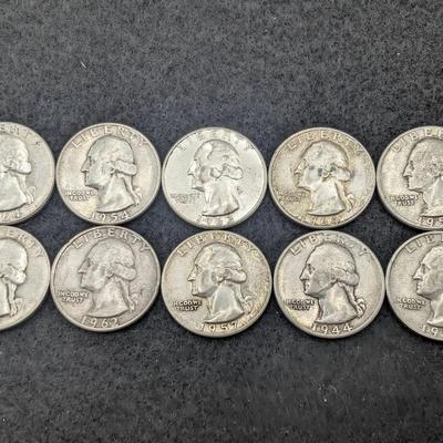 10 Silver Washington Quarters