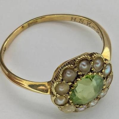 Antique 18k Gold, Green Amethyst & Pearl Ring...Sz 6