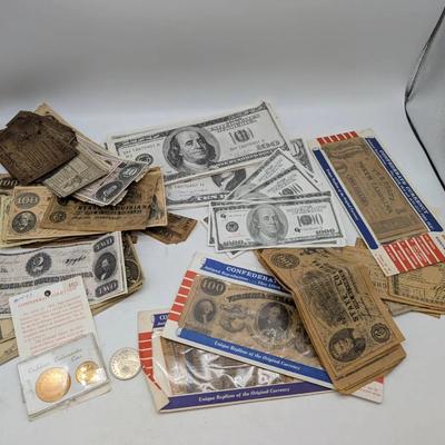 Large Group Of Reproduction US & CSA Coins & Currency