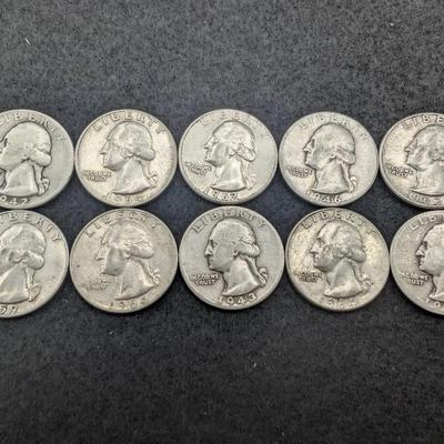 10 Silver Washington Quarters 