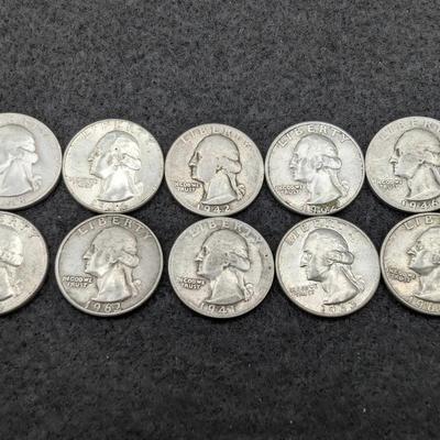10 Silver Washington Quarters 