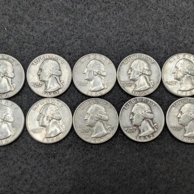 10 Silver Washington Quarters 
