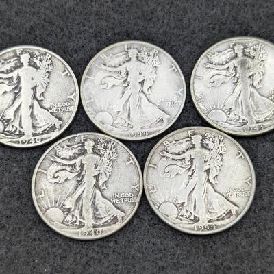 5 Walking Liberty Half Dollars