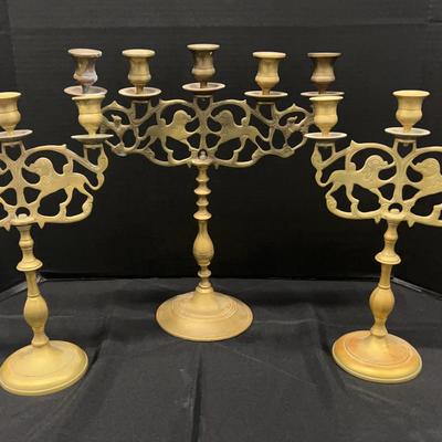 Vintage Set Of 3 Brass Candelabras