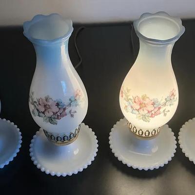 Vintage Floral Milk Glass Accent Lamps 