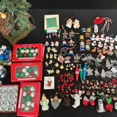 Lighted Christmas Tree House & Large Assorted Ornament Collection