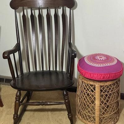 Wooden Rocking Chair And Wicker Stool 