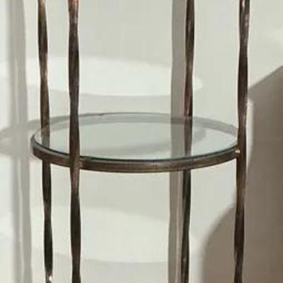 Vintage Mid-Century Rod Iron Shelf With Four Round Glass Shelves