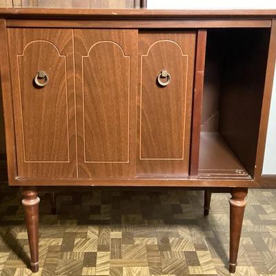 Mid-Century Wooden Vinyl Record Cabinet with Sliding Door