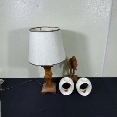 Table Lamp, Wood Carving & Modern Candle Holders Lot