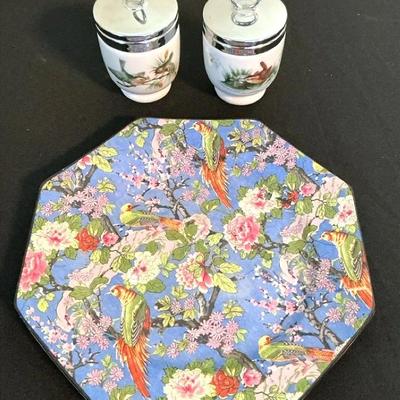 Crown Ducal Chinoiserie Plate with Pair of Royal Worcester Bird Egg Coddlers 