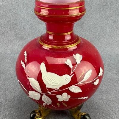 Vintage Bird Painted Glass Vase 