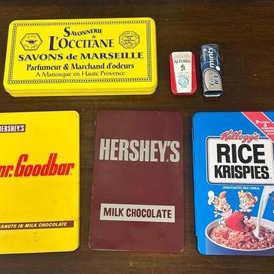 Three Tin Box Company Of America Adress Books, Yellow Empty Tin Box, & Two Mints Tins