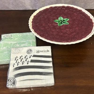 Porcelain 12”D Blackberry Pattern Cake Stand & Two Unopened European Made Napkin Packs