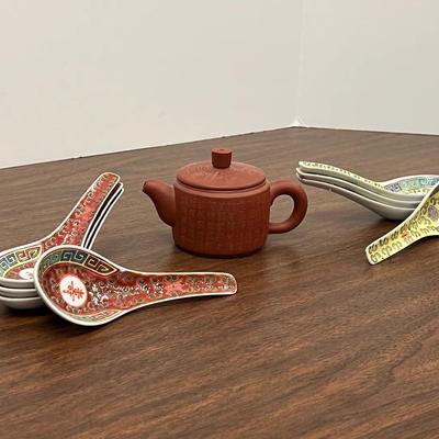 Chinese Clay Teapot And 8 Chinese Porcelain Spoons