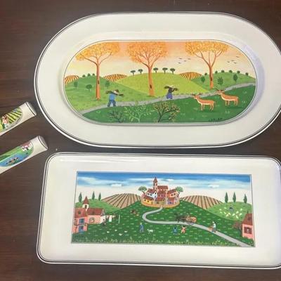 Signed Villeroy & Boch Porcelain Serving Platters & Knife Holders Set