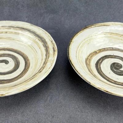 Pair of Handmade Glazed Ceramic Swirl Bowls