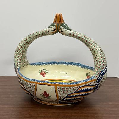 Vintage Henriot Quimper Swan Handle Basket Ceramic