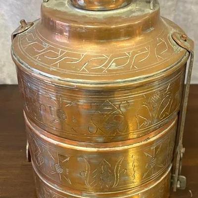  Antique 19th-century Copper and Brass 3-Tier Tiffin Box 