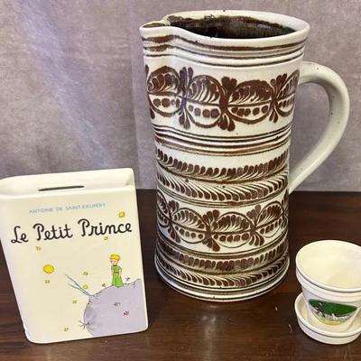 Large Ceramic Pitcher, Porcelain “Le Petit Prince” Piggy Bank, & Small Villeroy & Boch Planter