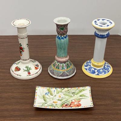 Ceramic Candlesticks And Dish