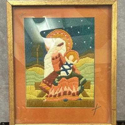 Framed Needlepoint Mother Mary & Baby Jesus 