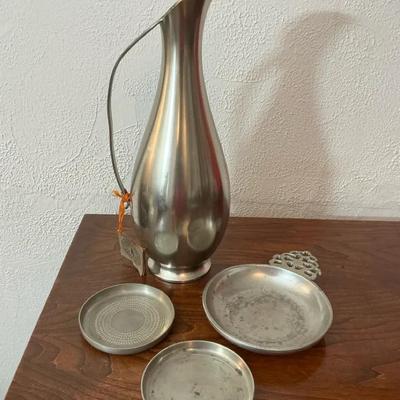 Metawa Holland Pewter Pitcher And Drip Dishes