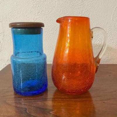 MCM Crackle Glass Pitcher And Lidded Jar Blenko?