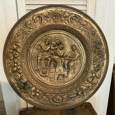 Brass Tavern Scene Repousse Wall Hanging Plate