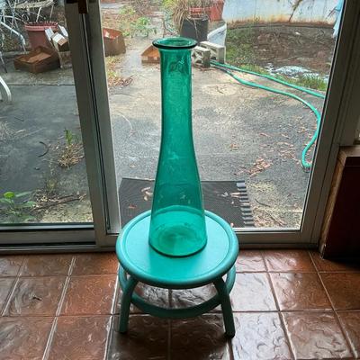Mid Century Large Aqua Vase & Bentwood Stand 