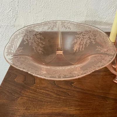 Pink Etched Depression Glass Bowl And Candle Holders