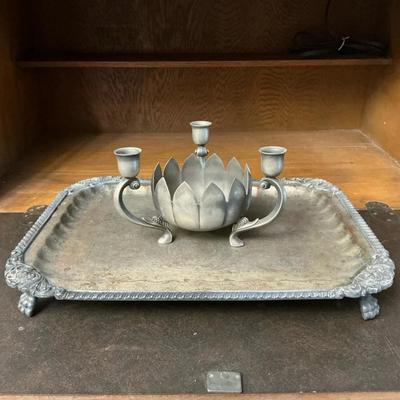 Antique Claw Foot Tray & Candle Holder