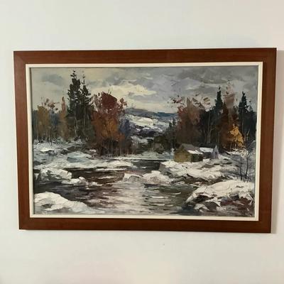 Snowy Riverbank Painting Artist Signed 