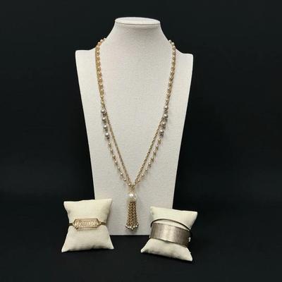 Gold Toned Pearl Necklace And Bracelets