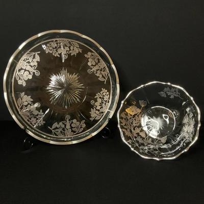Sterling Silver Overlay Glass Tray & Footed Bowl