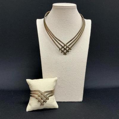 Vintage Silver Tone Metal Cuff Necklace And Bracelets