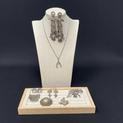 Various Vintage Silver Toned  Earrings, Brooches & Necklace