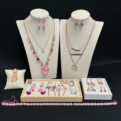 Pink Toned Costume Necklaces and Earrings 