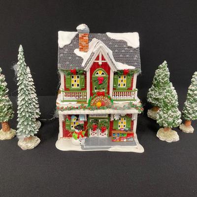 Department 56 “Christmas Crafts Cottage” & “Snowy Evergreen Trees”