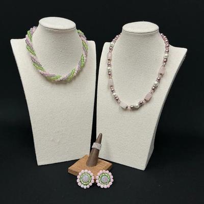 Rose Quartz And Colorful Beaded Necklaces And Rings
