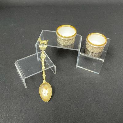 Sterling Silver Salt Cellar Holder, Lenox Salt Cellar And Souvenir Spoon