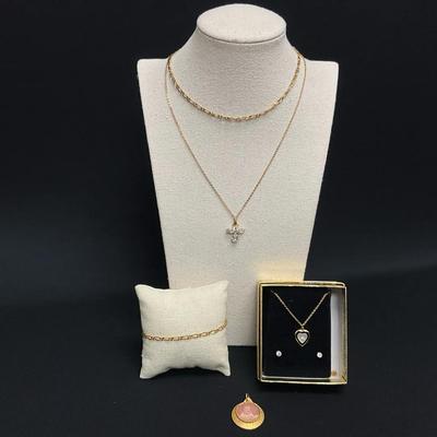 Gold Tone Sentimental Necklaces, Earrings, And Bracelet