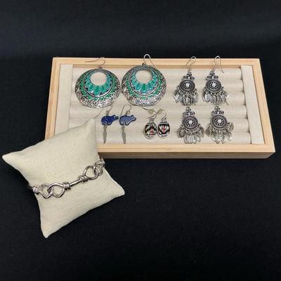 Southwestern Style Silver Toned Earrings And Bracelet 