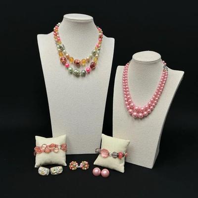 Pink Toned Beaded Necklaces, Bracelets, And Earrings