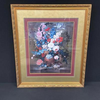 “Flower Still Life with a Birds Nest on a Ledge”